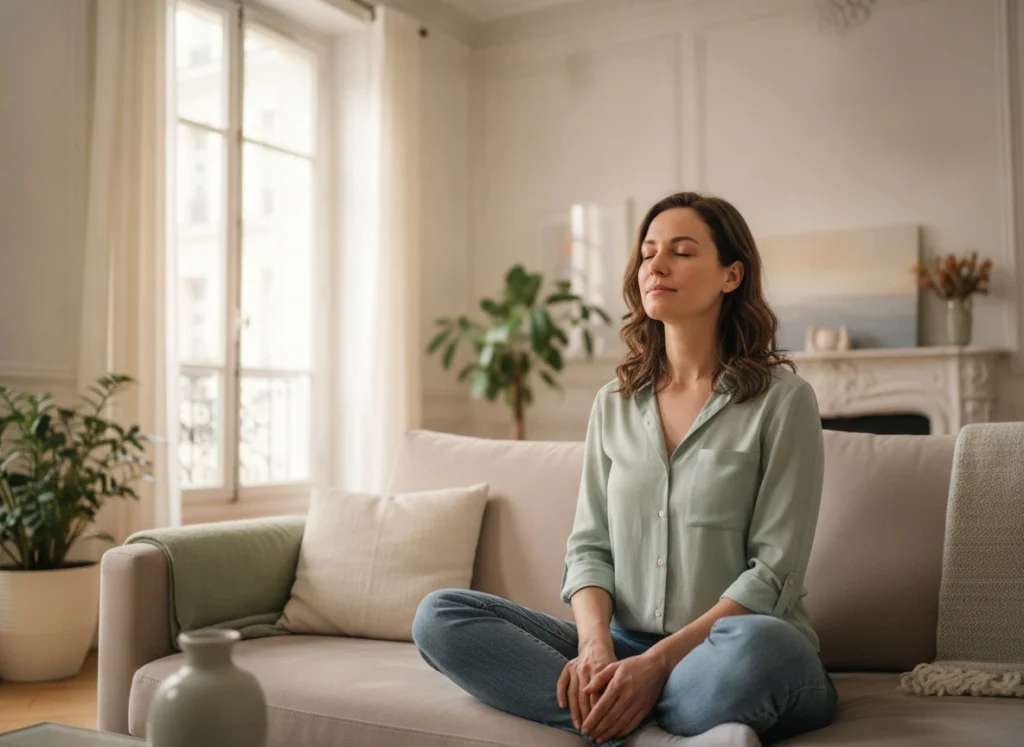 Femme de la quarantaine en posture de méditation, les yeux fermés, assise sur son canapé dans son appartement parisien très cosy.