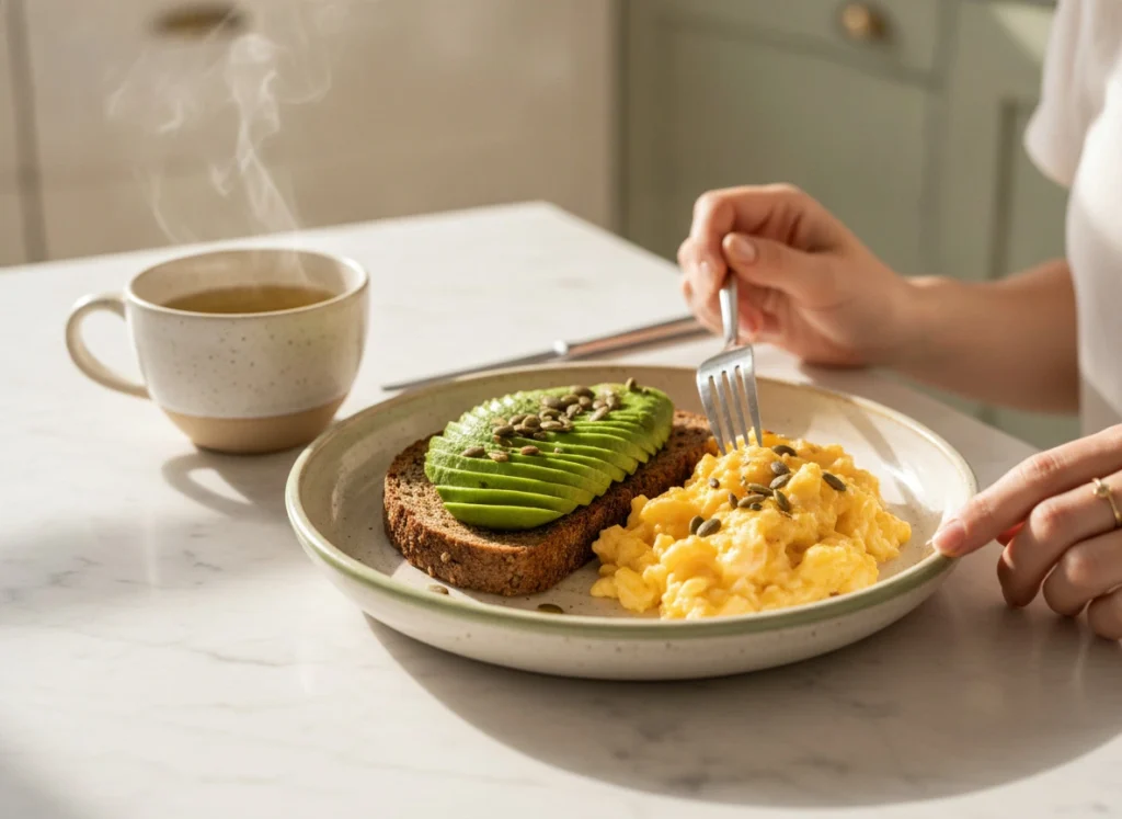 un petit-déjeuner salé et protéiné composé d'une tasse de Thé, une belle assiette d'oeufs brouillés avec des tranches d'avocats sur une épaisse tartine de pain complet.