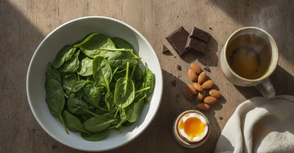 Vue du dessus d'une assiette d'épinard frais, d'un œuf à la coque, d'une tasse de thé, du chocolat noir et une poignée d'amande.